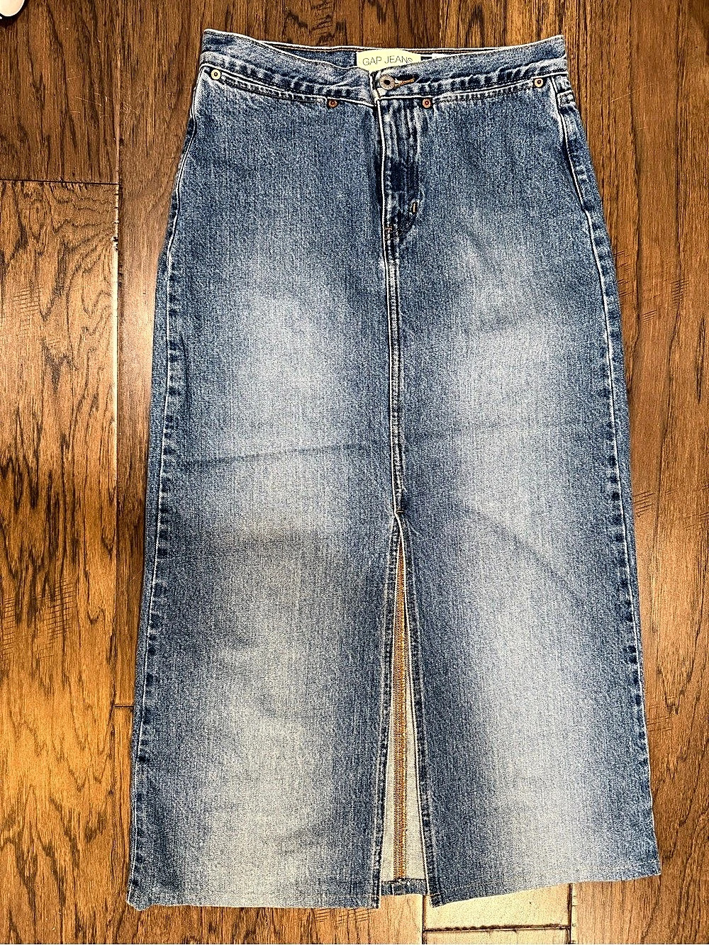 Gap Double Waistband Denim Maxi Skirt Front Slit Raw Hem Medium Wash Size 6